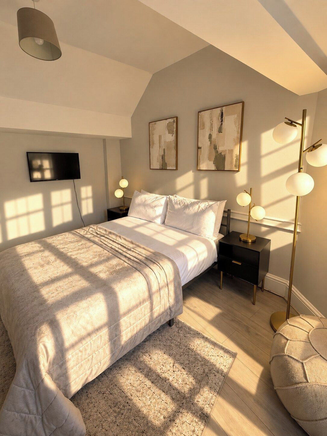 A bedroom with a bed, bedside tables, a TV, artwork, and a floor lamp.