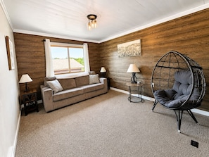 A cozy room with a wooden wall, a sofa, a hanging chair, and two lamps.
