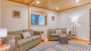 A cozy living room with two sofas, a patterned rug, and a wooden ceiling.