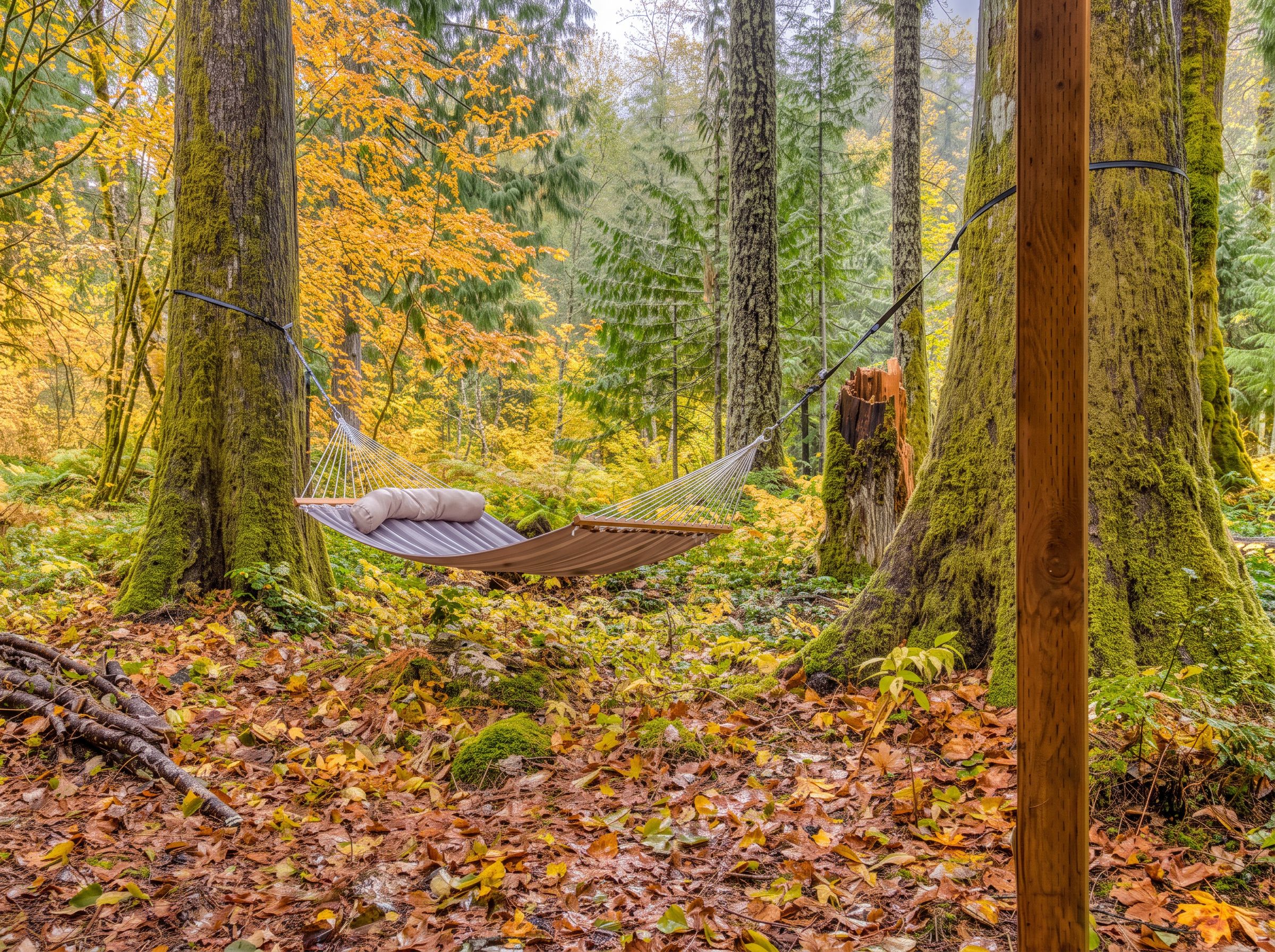 Hammock Retreat: Nestled in nature, unwind among vibrant trees and golden leaves!