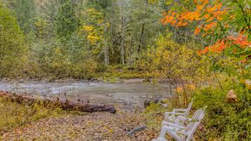 A natural outdoor setting with a river, trees, and a bench.