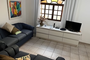 A living room with a sofa, a TV, a vase with dried flowers, and a painting on the wall.