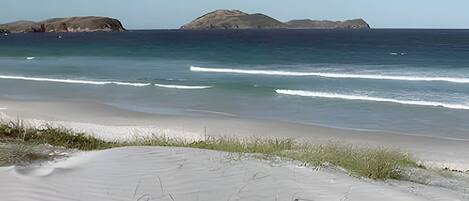 A beach with sand dunes and calm ocean waves.