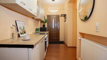 A narrow kitchen with wooden cabinets, a countertop, and a door leading to another room.