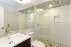 A modern bathroom with a glass-enclosed shower, a white sink, and a toilet. - Private English Basement apartment nestled in Shaw (Washington)