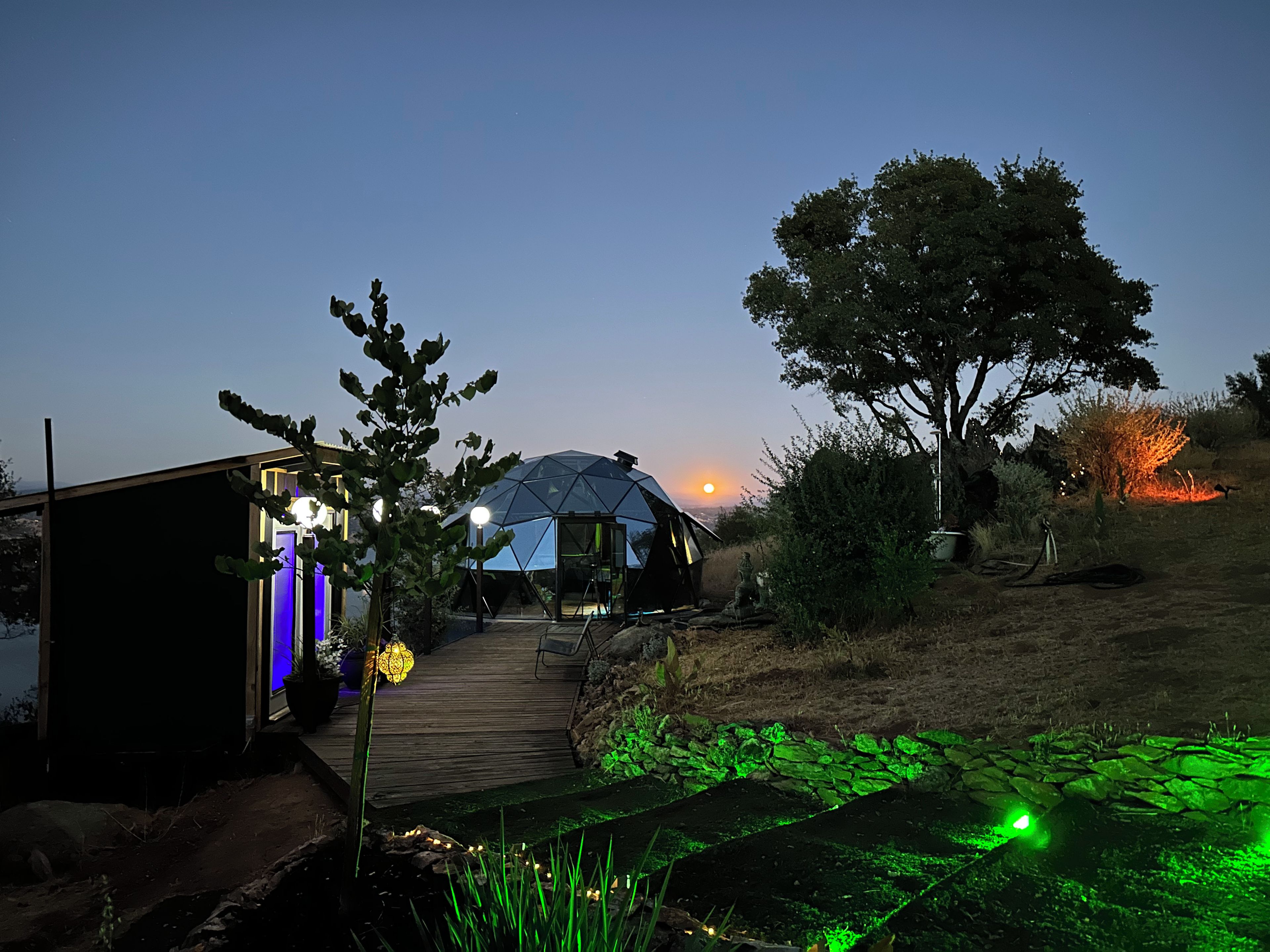 A geodesic dome structure with a wooden deck leading to it, surrounded by vegetation and a clear sky.