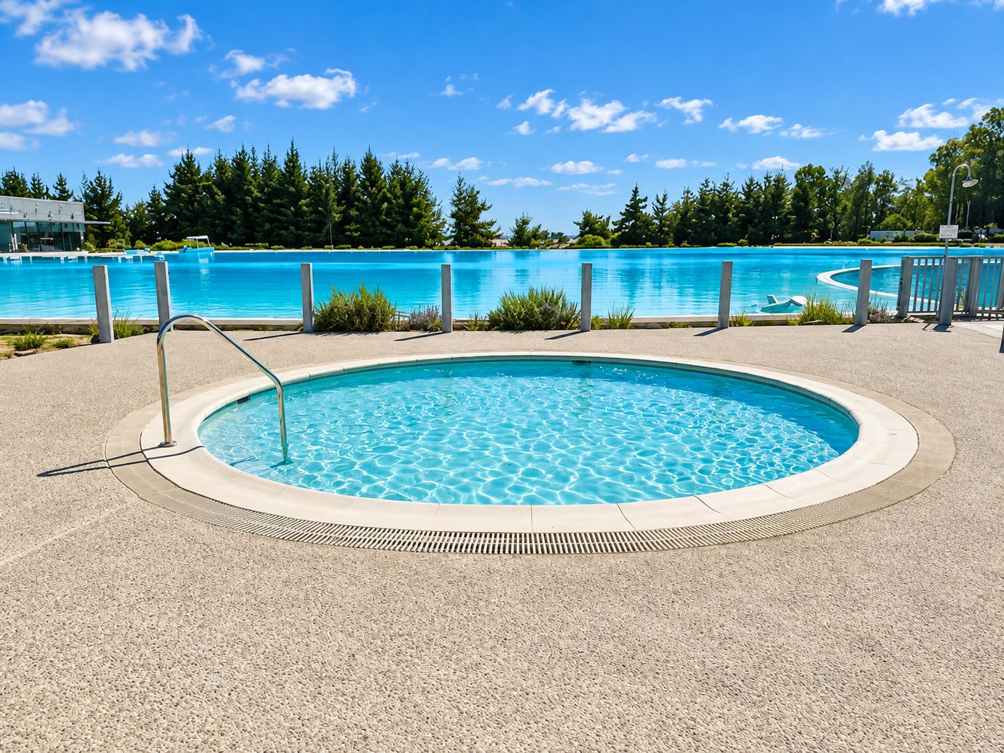 A circular pool with a clear blue water surface, surrounded by a pebble-textured deck.