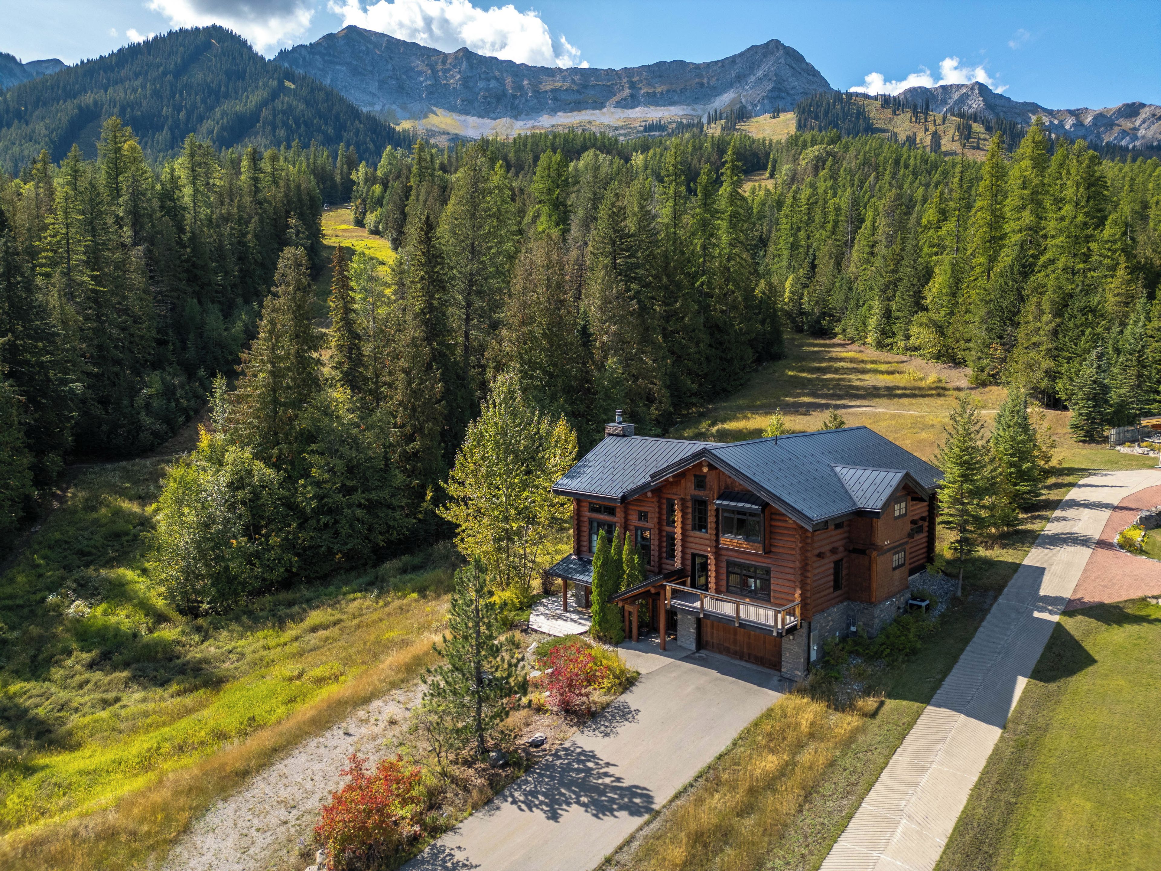 A cabin with a porch, surrounded by dense forest and mountains in the background.