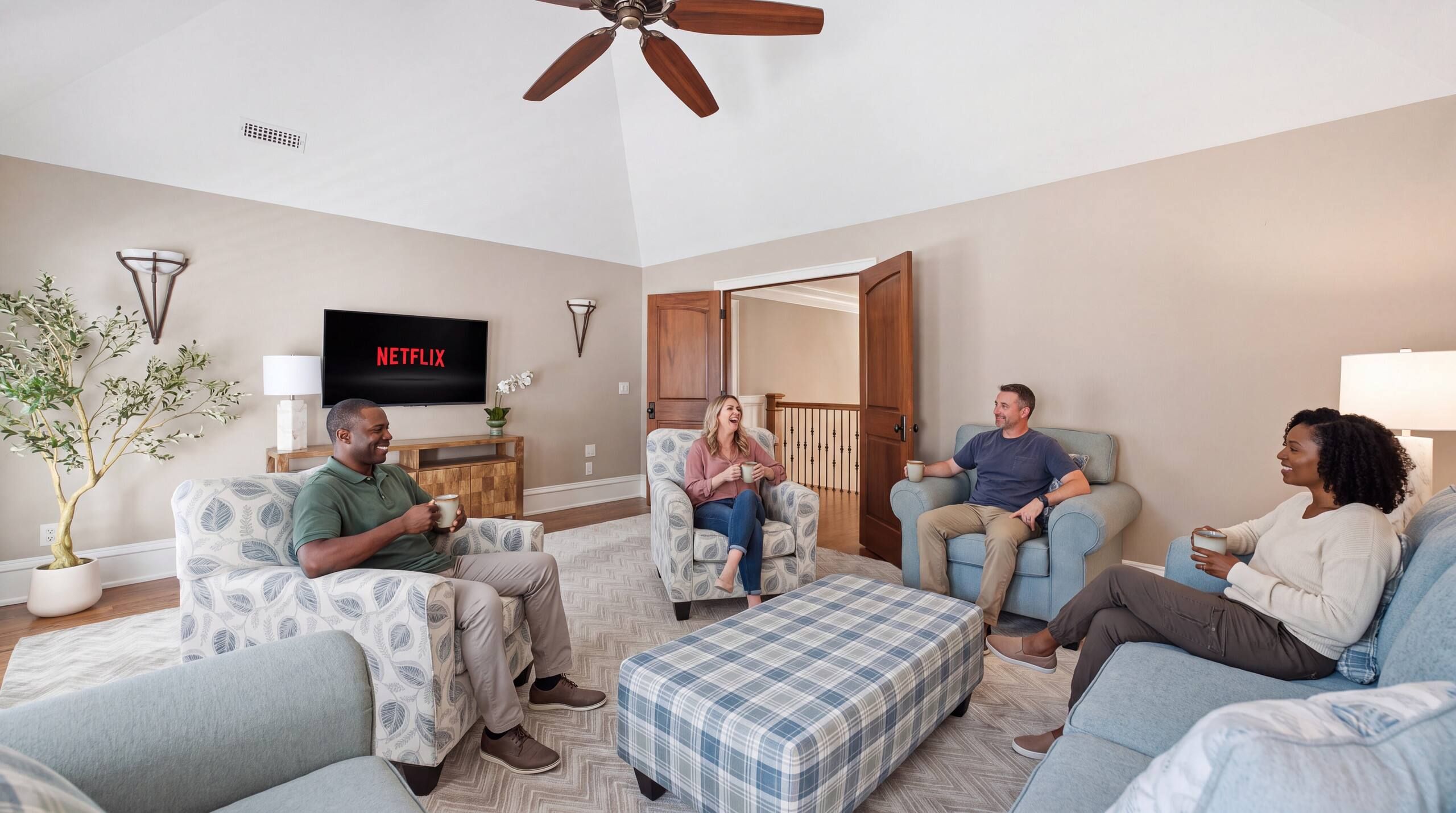 Ein Wohnzimmer mit Fernseher, auf dem 'NETFLIX' angezeigt wird, einem Deckenventilator und einer Tür zu einem anderen Raum.