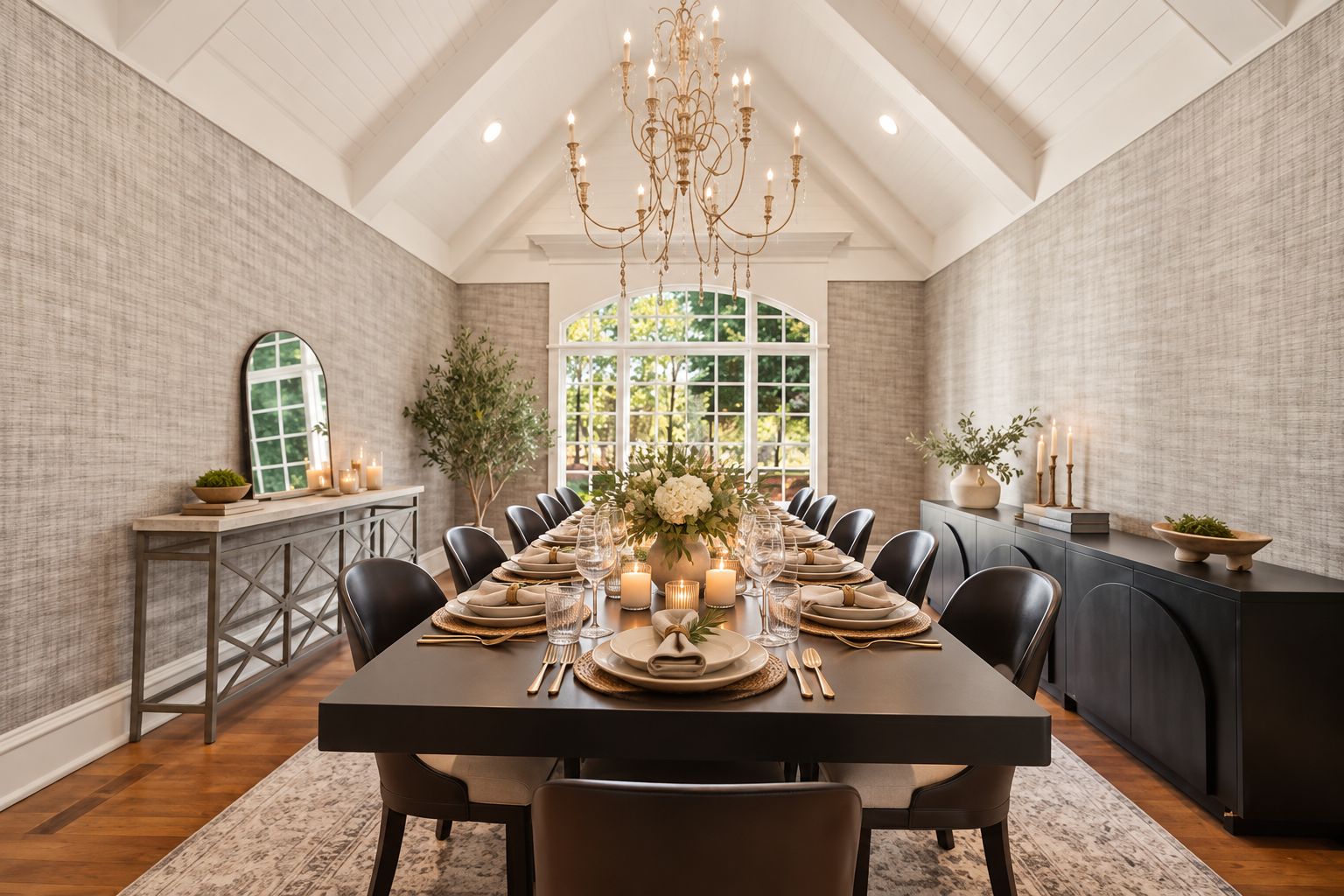 A dining room with a long table set for a meal, surrounded by chairs, with a chandelier above and a window providing natural light.