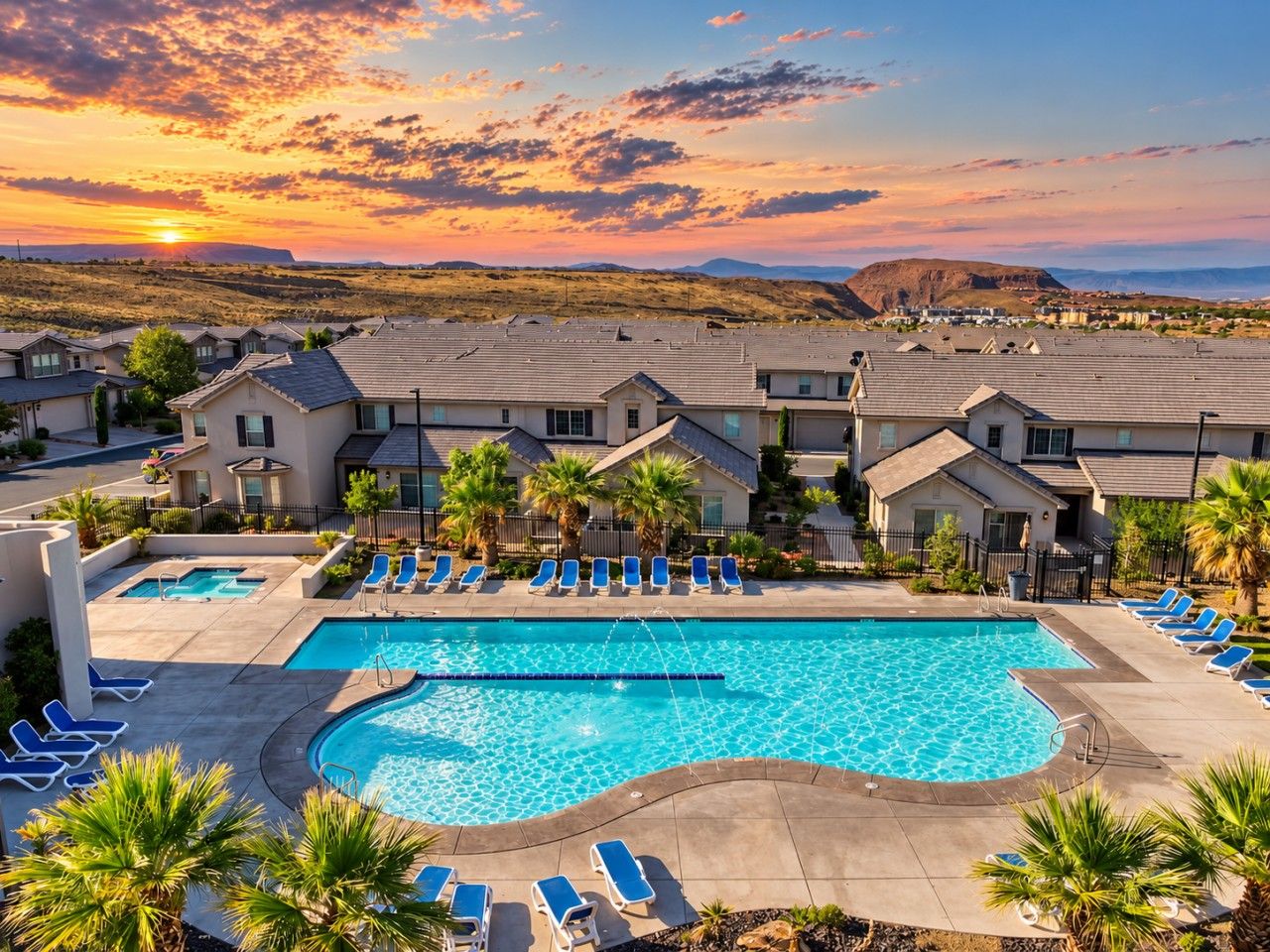 A swimming pool with lounge chairs and a view of a residential area during sunset.