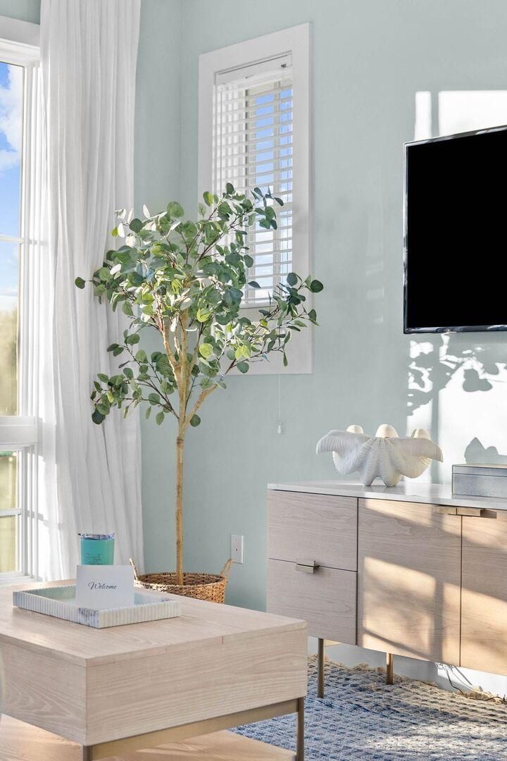 Una habitación con un escritorio de madera, una planta en maceta, un televisor y una ventana con cortinas blancas.