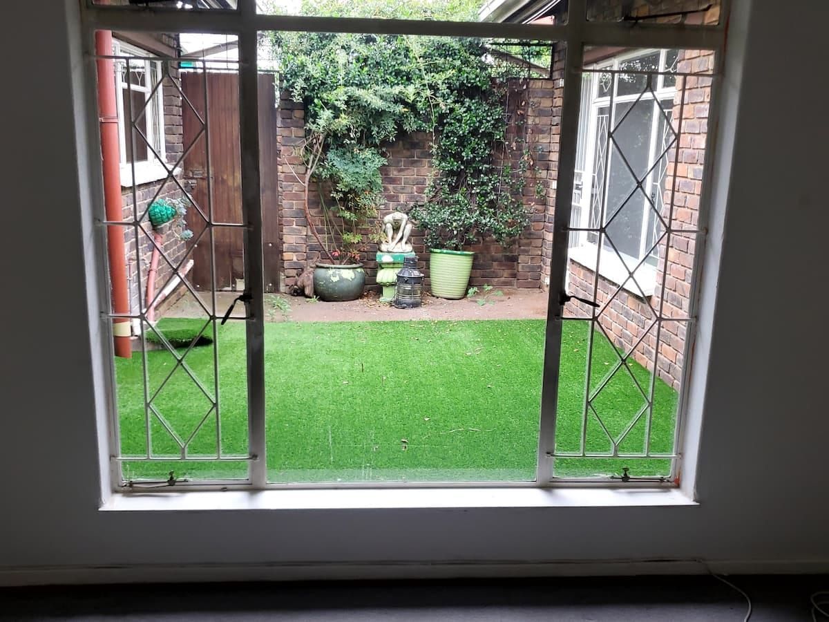 A view through a window into a backyard with a lawn, a brick wall, and potted plants.