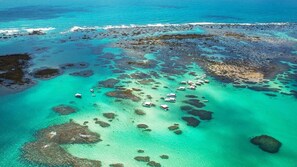 An aerial view of a coastal area with clear turquoise waters, scattered rocks, and several boats anchored near the shore. - Flat in Porto Exclusive with Private Pool in the City Center (Ipojuca)