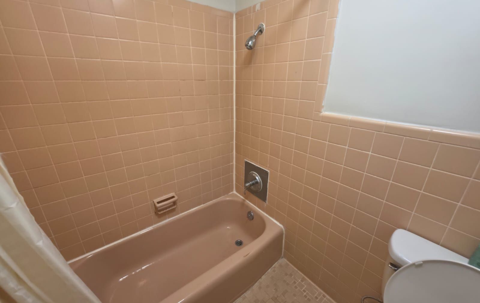 Ein Badezimmer mit Badewanne, Toilette und Duschbereich.