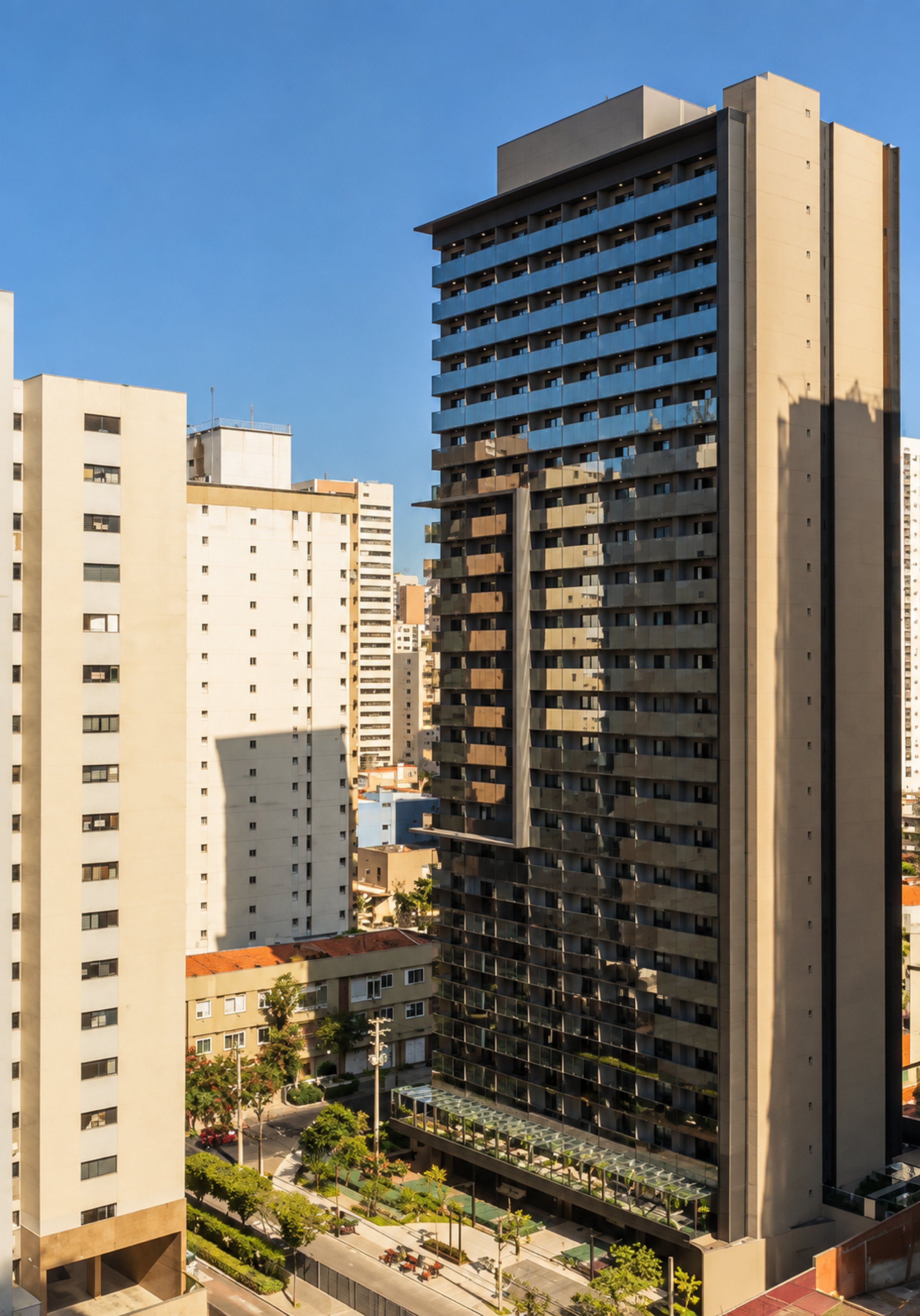Un edificio de gran altura con varios pisos, ventanas amplias y un diseño arquitectónico moderno.