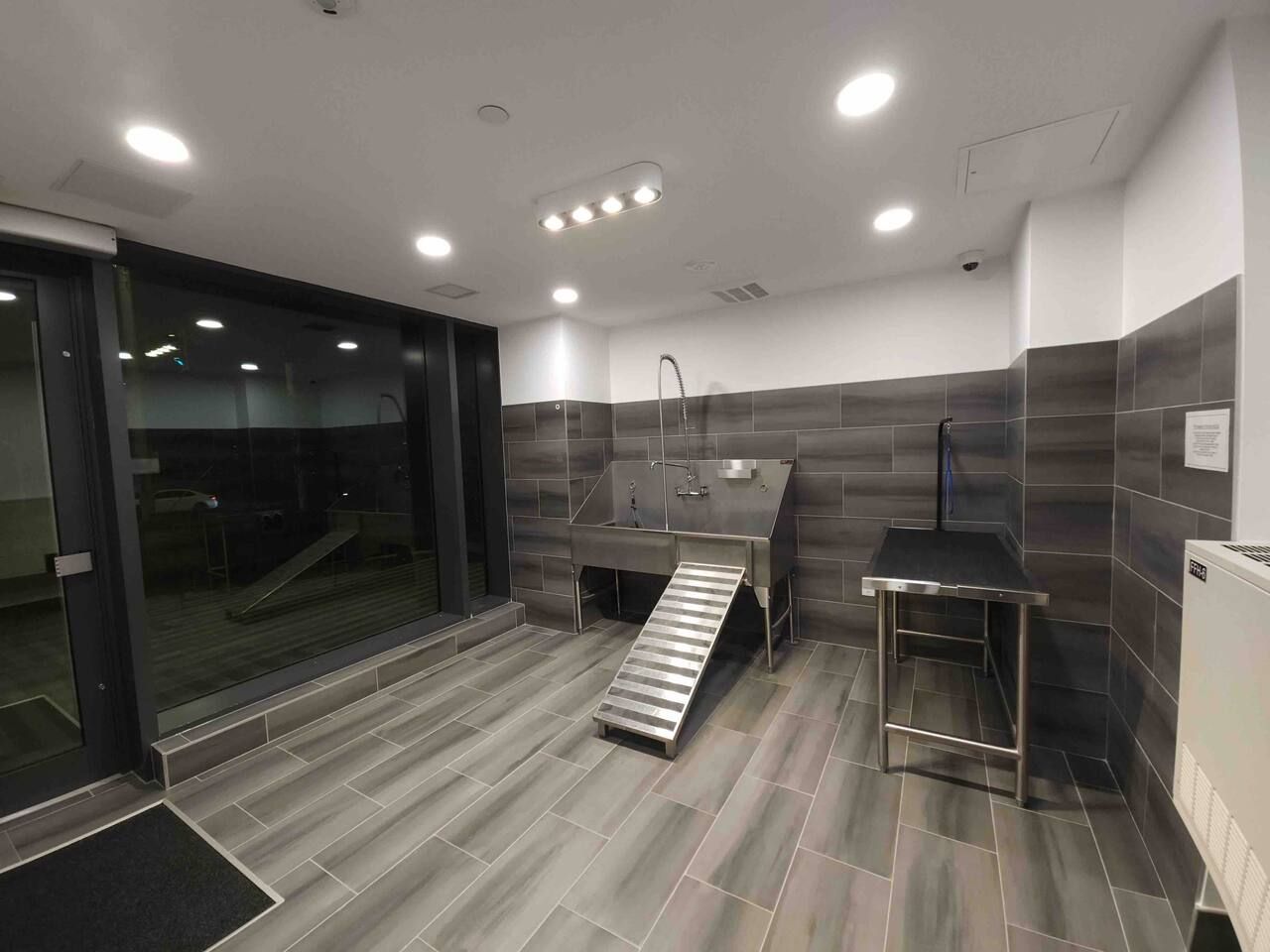 A modern bathroom with a shower, sink, and a glass door entrance.