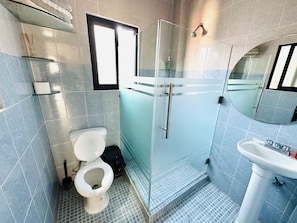 A bathroom with a glass-enclosed shower, a toilet, a sink, and a mirror. - Tremendous 7-bedroom building in Heroica Puebla de Zaragoza (Heroica Puebla de Zaragoza)