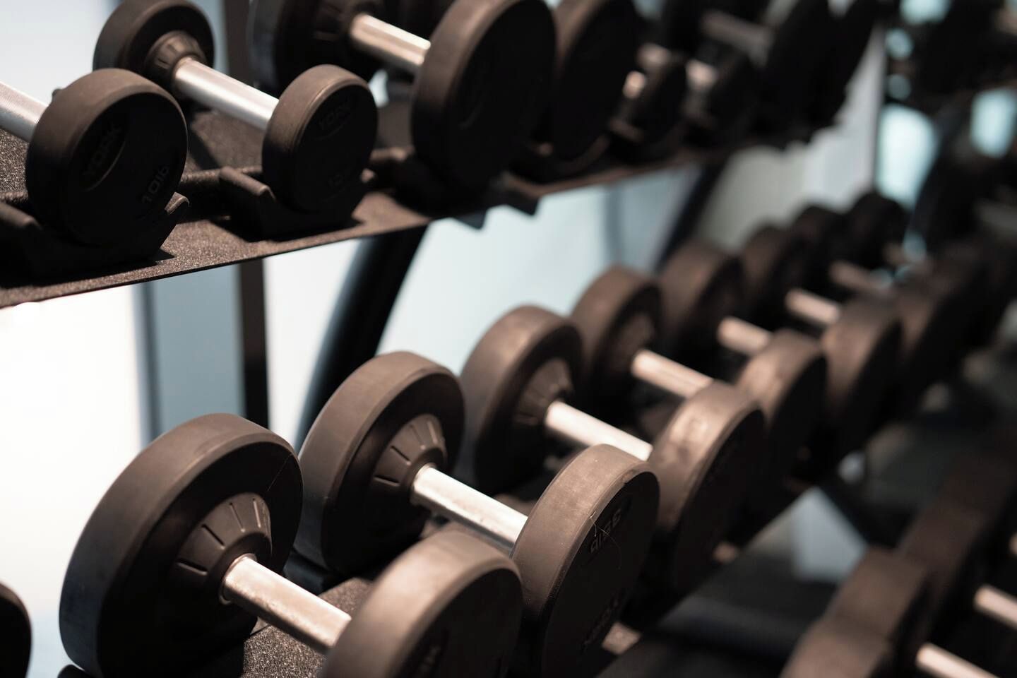 A rack of black dumbbells with silver weights, arranged in rows on a wall.