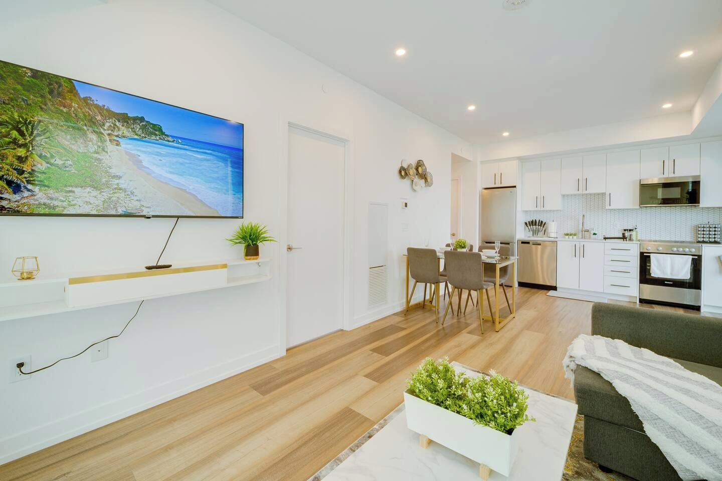 A modern living room with a flat-screen TV, a dining area with chairs, a kitchen with white cabinets, and a small plant on the floor.