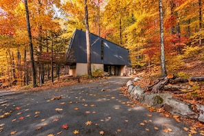 Un bâtiment moderne, doté d’un toit foncé et de murs clairs, entouré d’une forêt aux couleurs automnales.