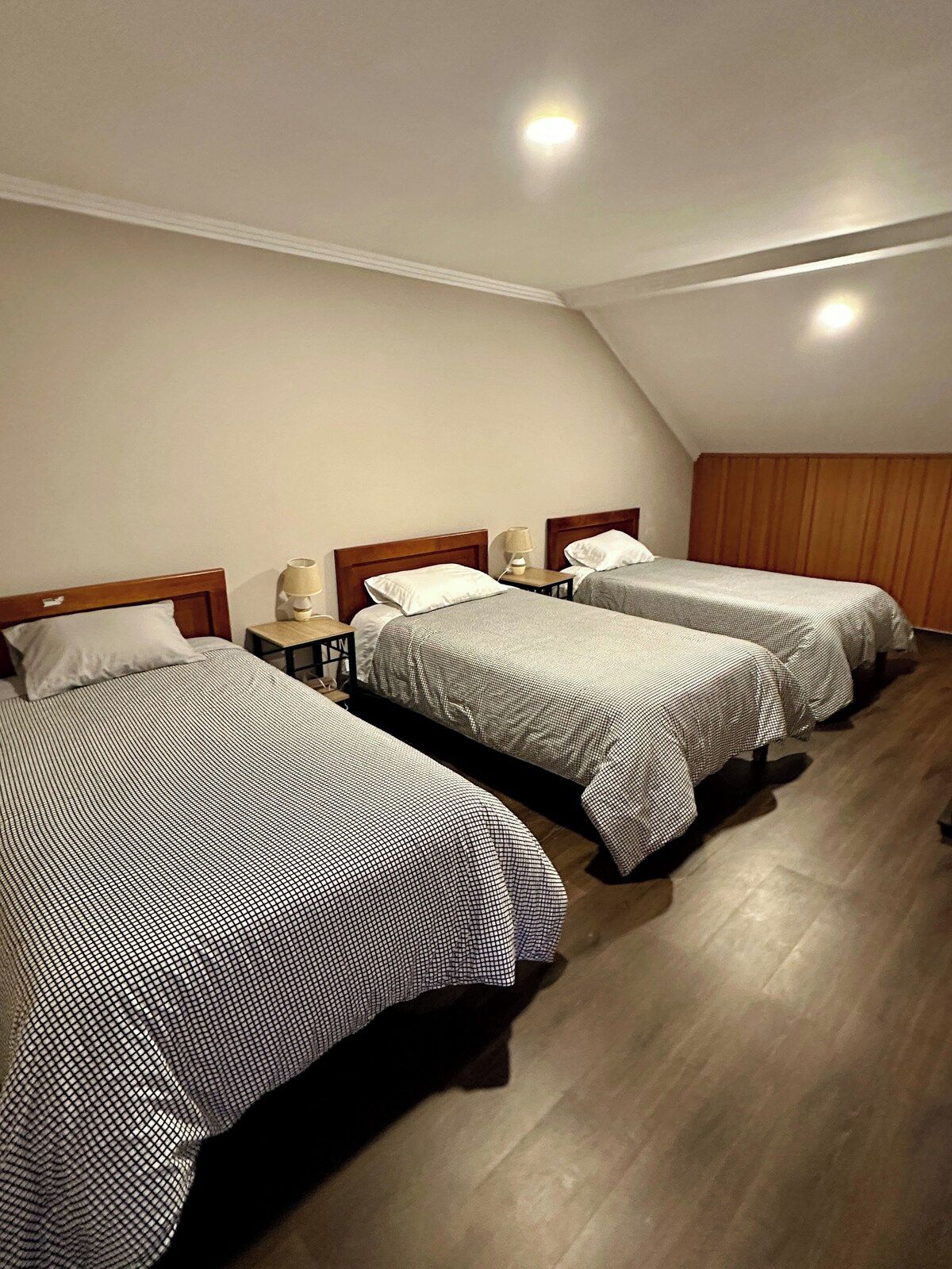 Een kamer met drie op een rij uitgelijnde bedden, elk met een houten hoofdbord en een bedlampje.