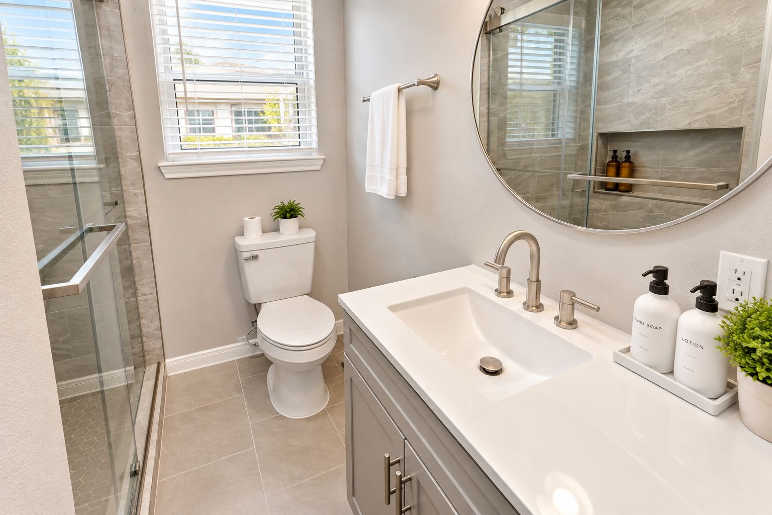A modern bathroom with a toilet, sink, and shower.