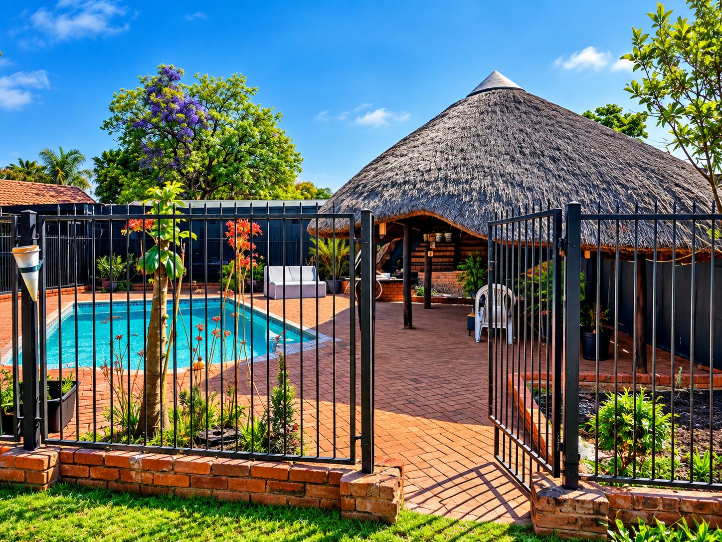 A swimming pool with a fenced area, surrounded by greenery and a thatched-roof structure.