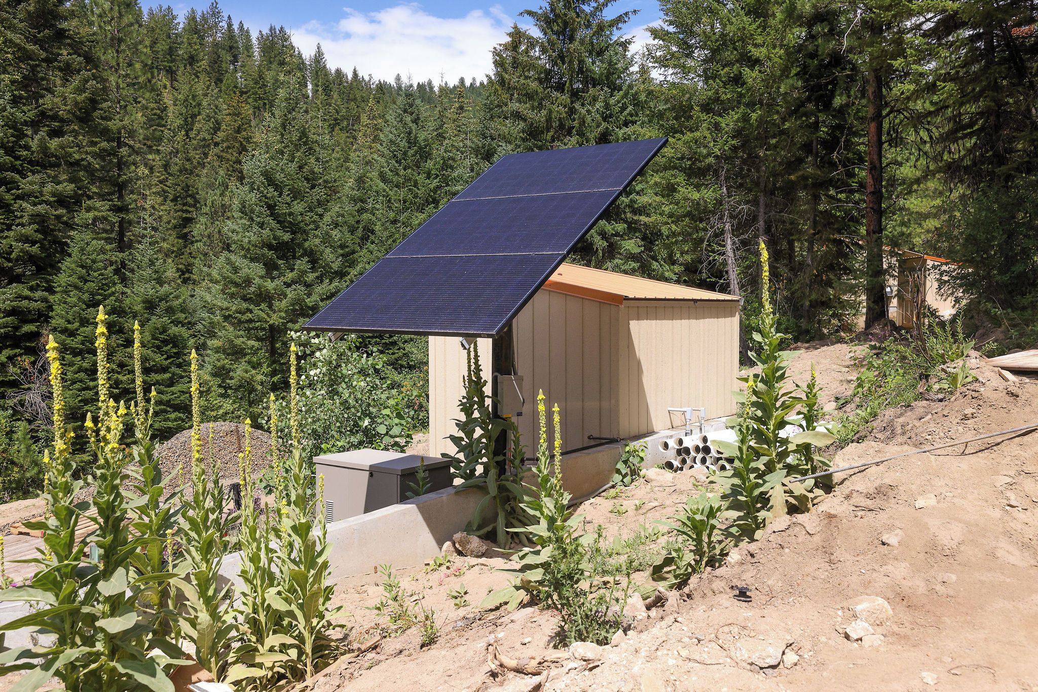 A small cabin with a solar panel roof, surrounded by a forested area.