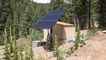 A small cabin with a solar panel roof, surrounded by a forested area.