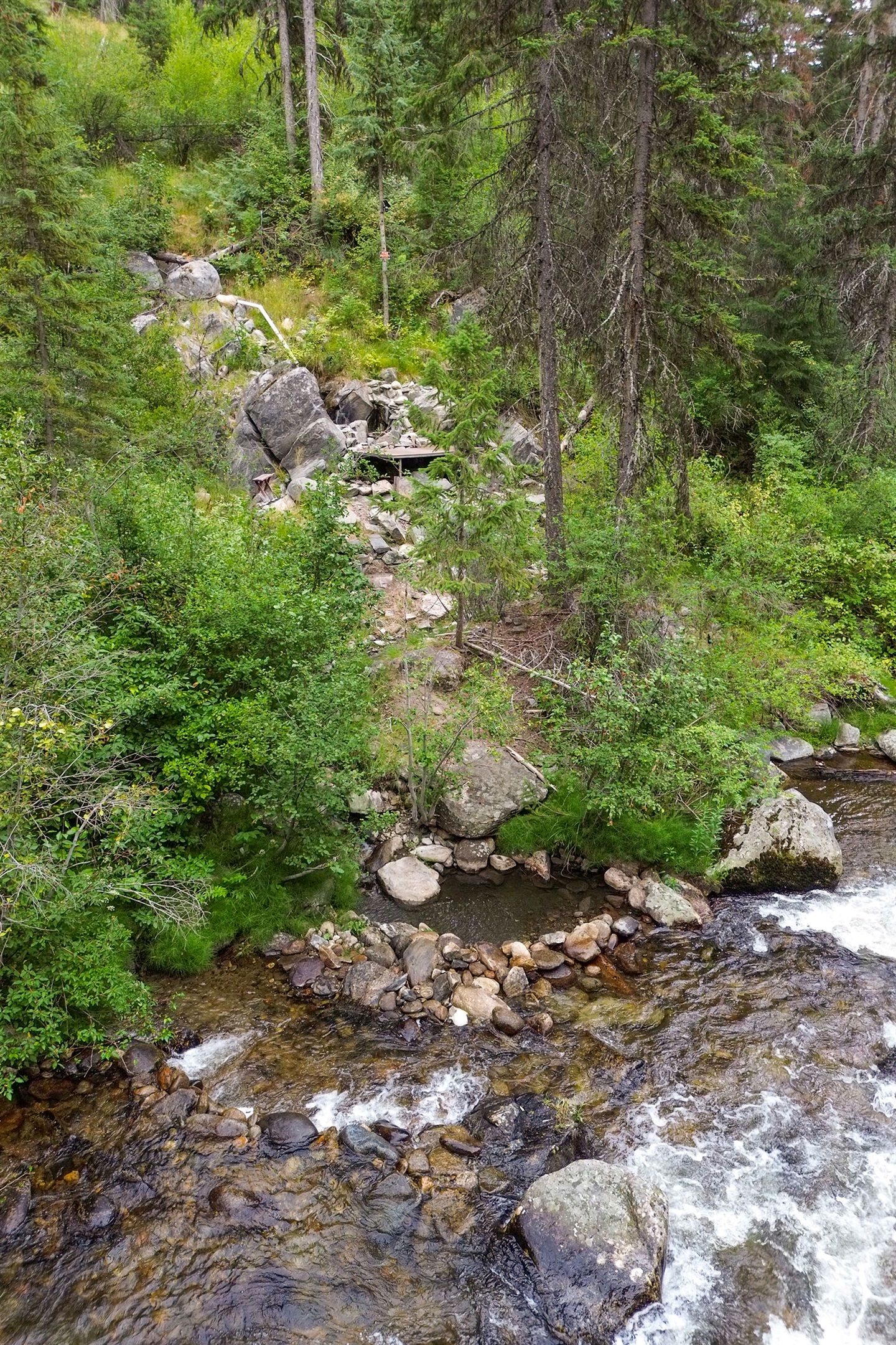 Paisaje natural con un arroyo que serpentea por un bosque de rocas y árboles.