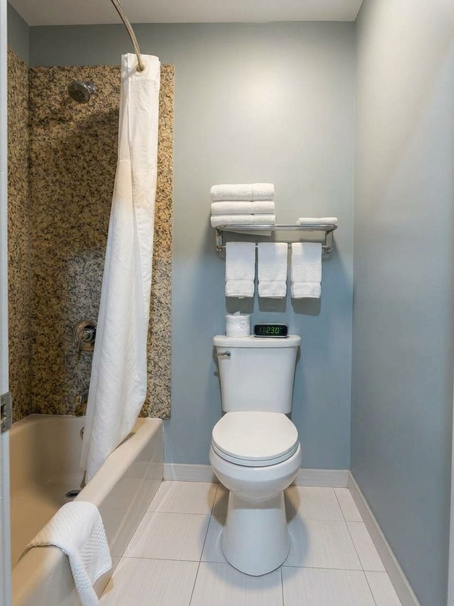 Un baño con ducha, inodoro y un perchero para toallas.