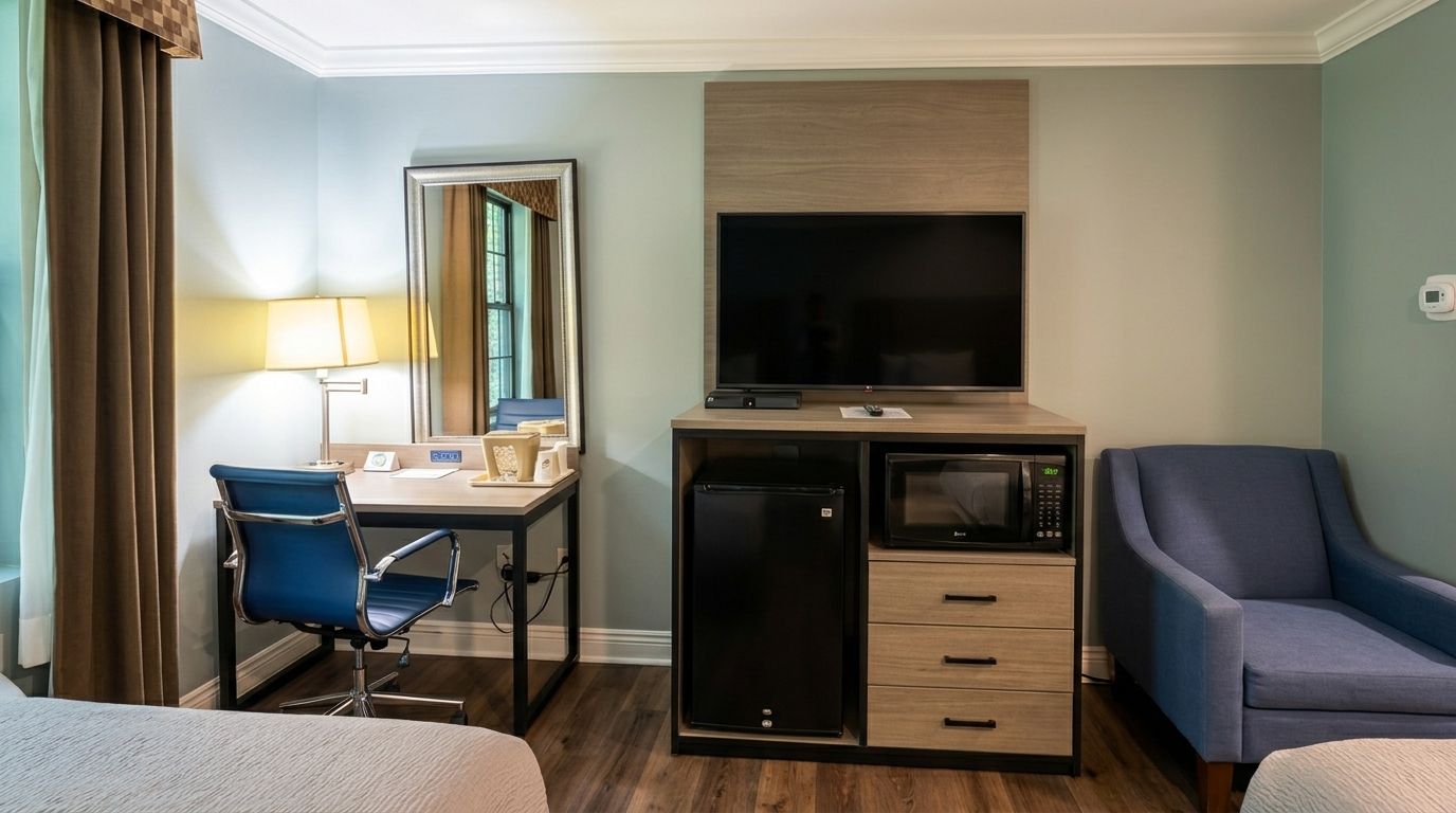 A hotel room with a desk, chair, television, microwave, and a sofa.