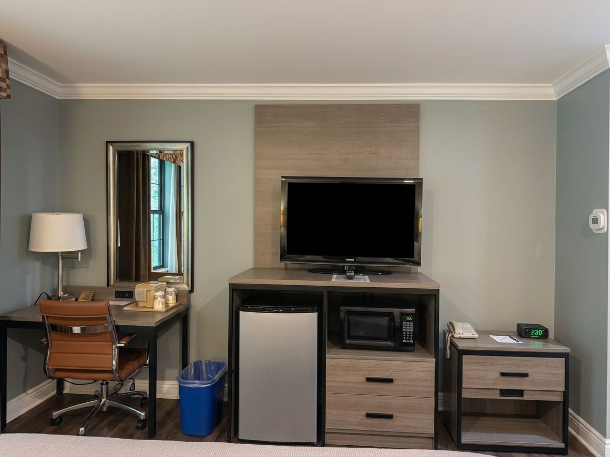 Habitación de hotel con escritorio, silla, televisión, microondas, refrigerador y un cesto de basura.