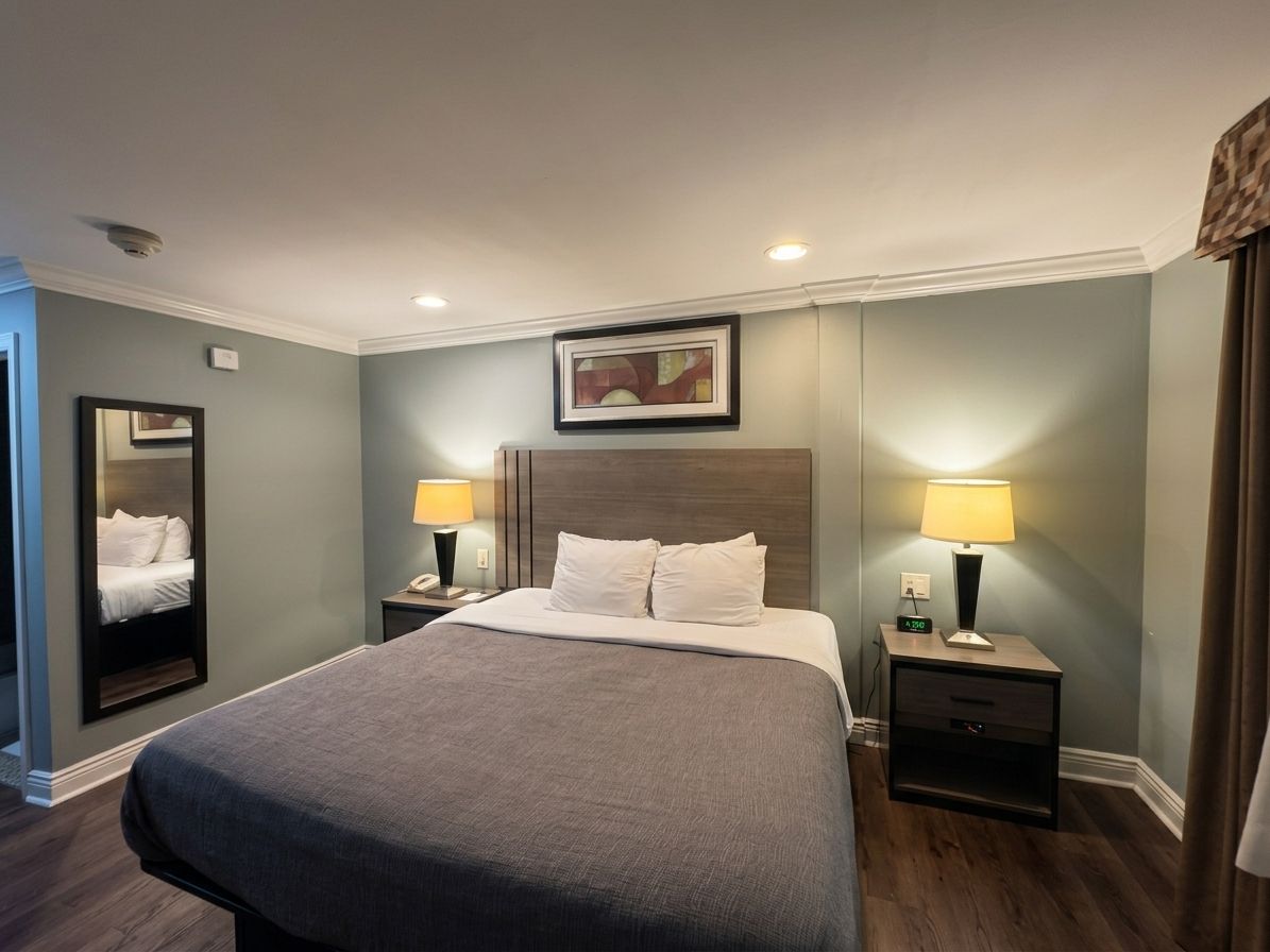 Habitación de hotel con una cama grande, dos mesitas de noche con lámparas, un televisor montado en la pared y un espejo.