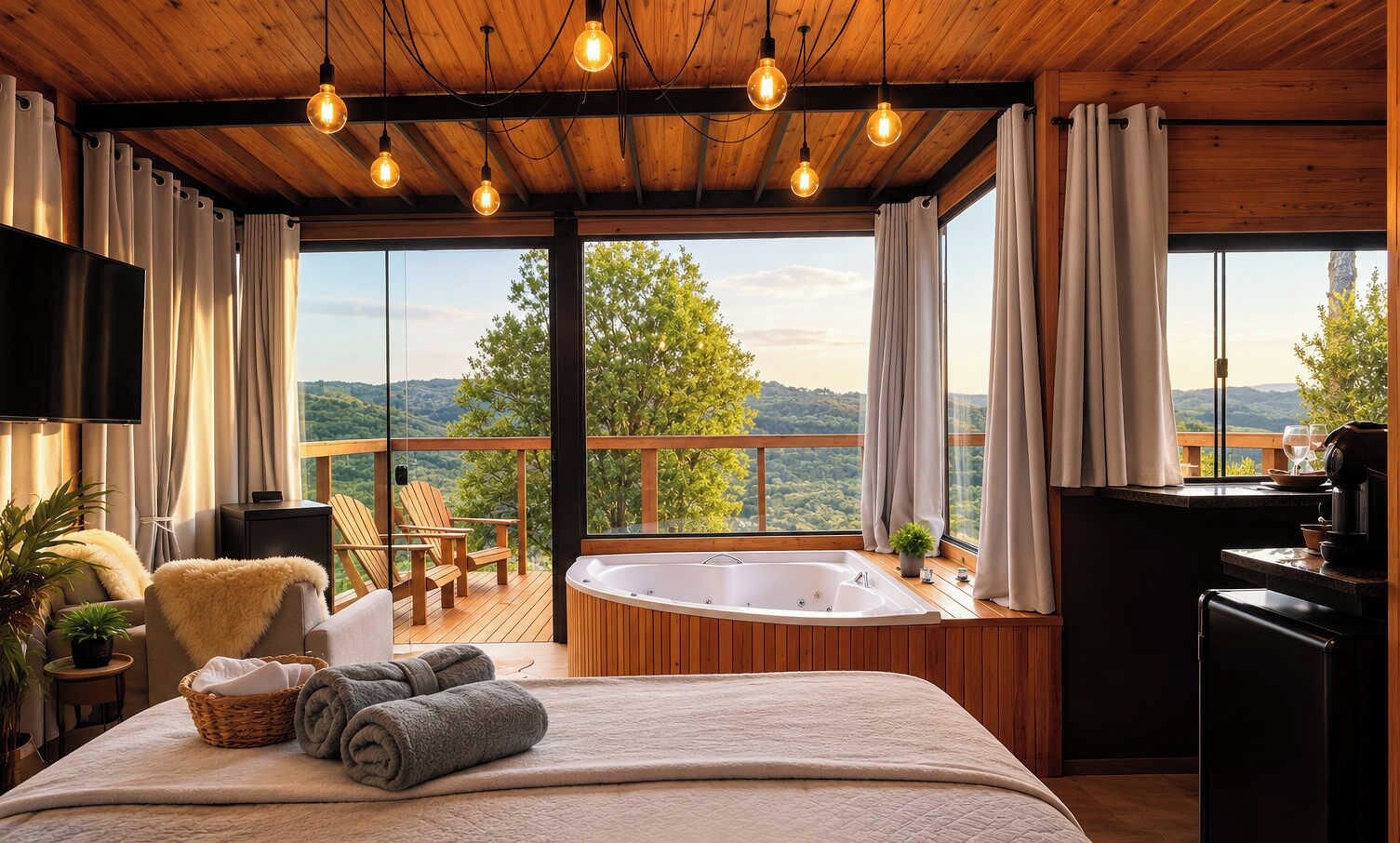 A bedroom with a large bed, a hot tub, a TV, and a balcony with a scenic view.
