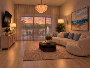 Ein modernes Wohnzimmer mit einem großen Fenster, einem runden Couchtisch, einer Couch und einer Chandelier.