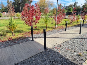 A pathway lined with trees and bollards, leading through a landscaped area with grass and gravel.