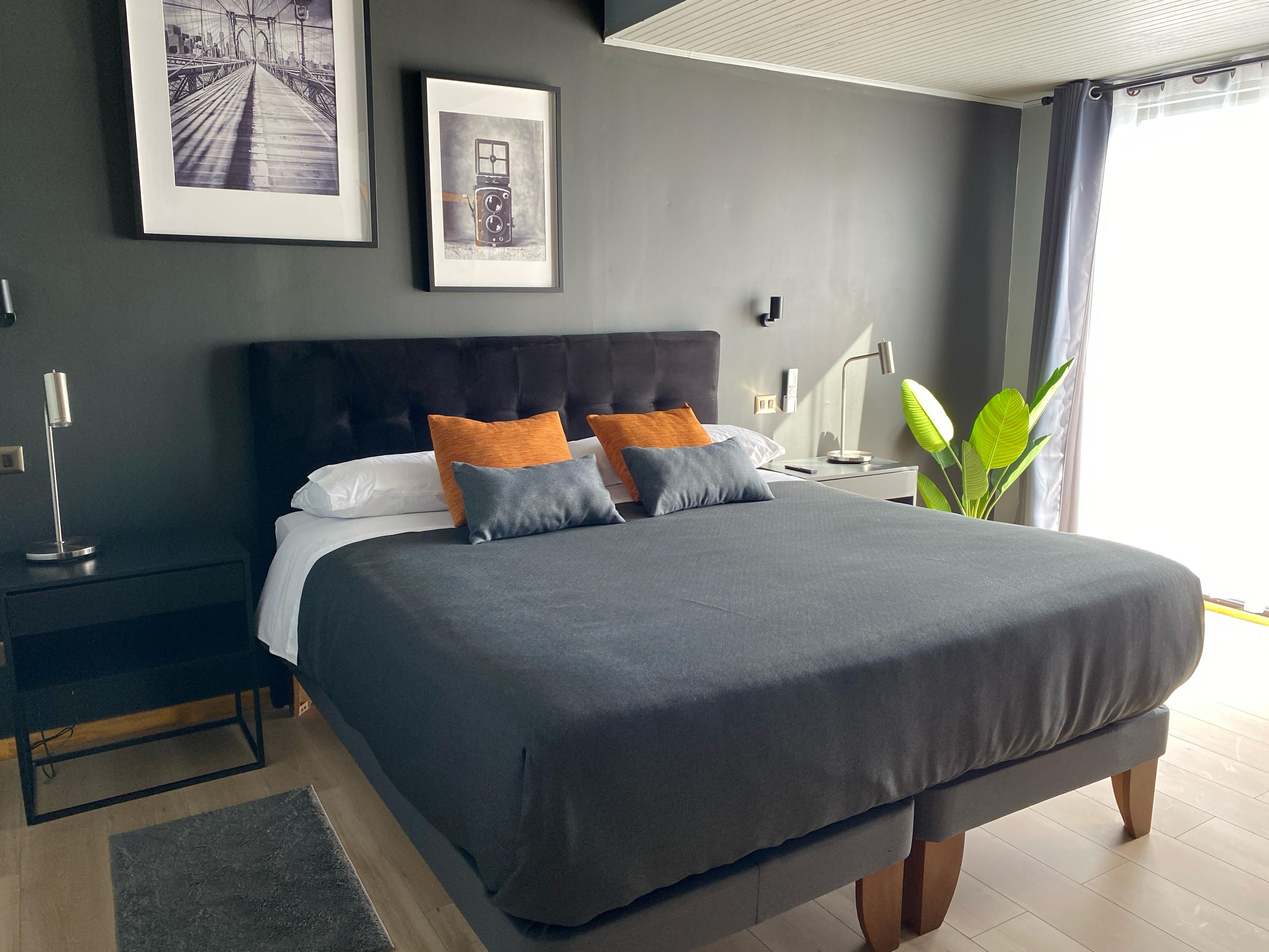 A modern bedroom with a large bed, a nightstand, a lamp, and framed pictures on the wall.