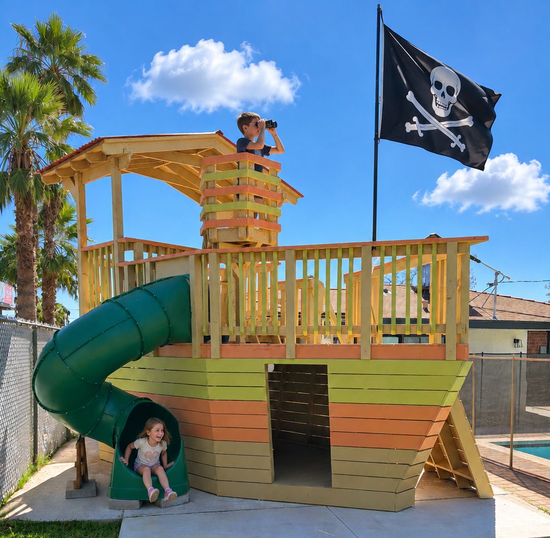 A play structure with a slide, a lookout tower, and a pirate flag.