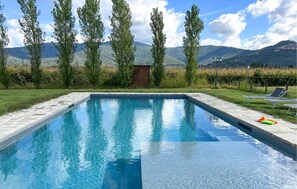 A rectangular swimming pool with a stone border, surrounded by a grassy area with trees and a view of mountains in the background. - Amazing home in Cortona with private swimming pool, can be inside or outside (Cortona)