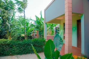 A modern building with a covered entrance, surrounded by lush greenery and large plants.