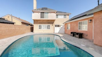 A residential property with a swimming pool, a two-story house, and a brick wall.