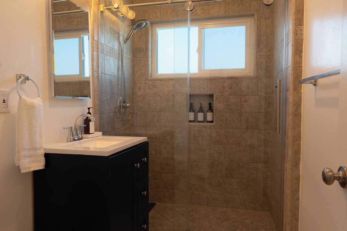 A bathroom with a shower, a sink, and a mirror.