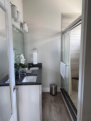 Et moderne badeværelse med glasvægsbrusere, vask med spejl og toilet.