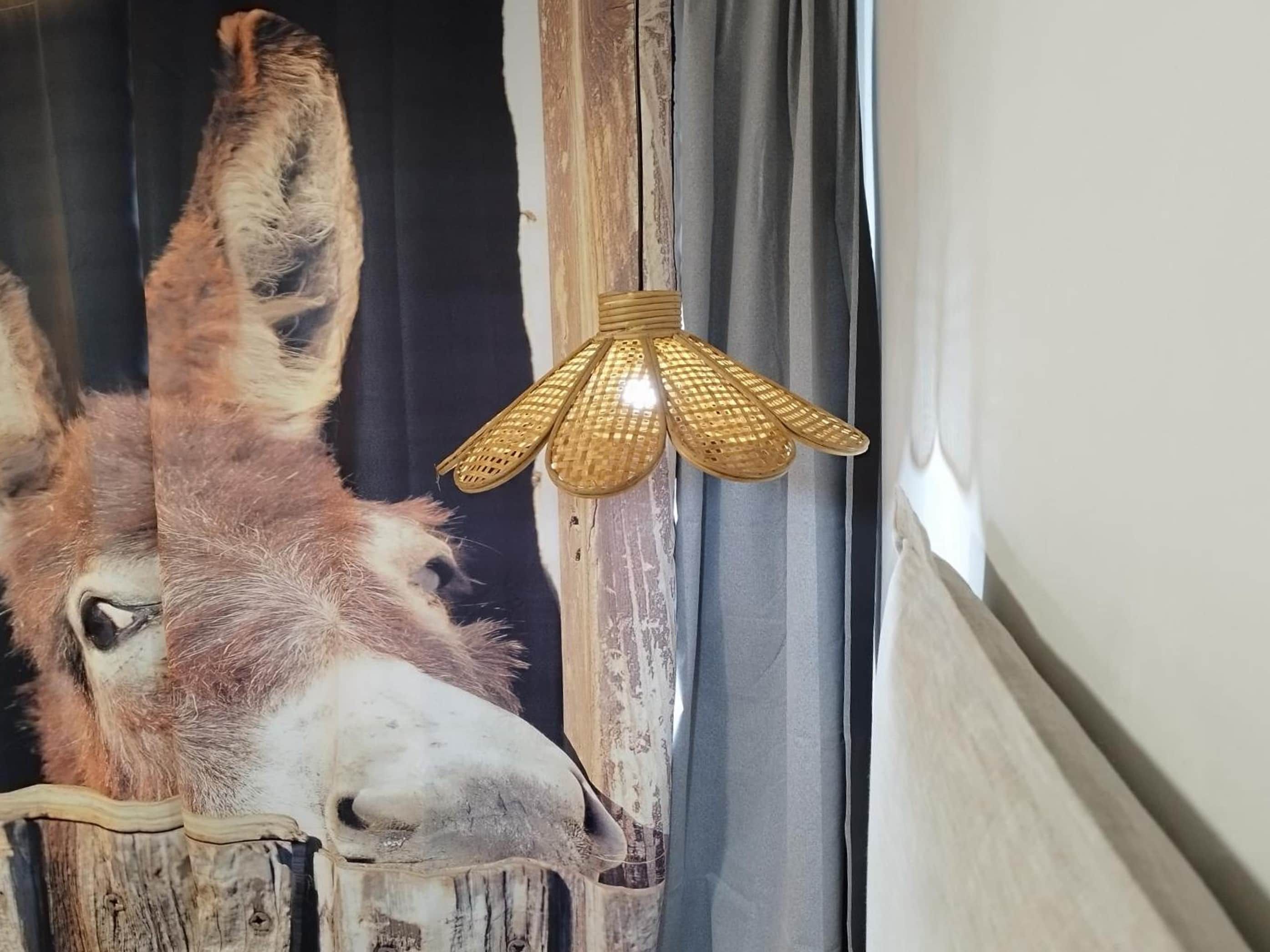 Een kamer met een houten wand en een gordijn.