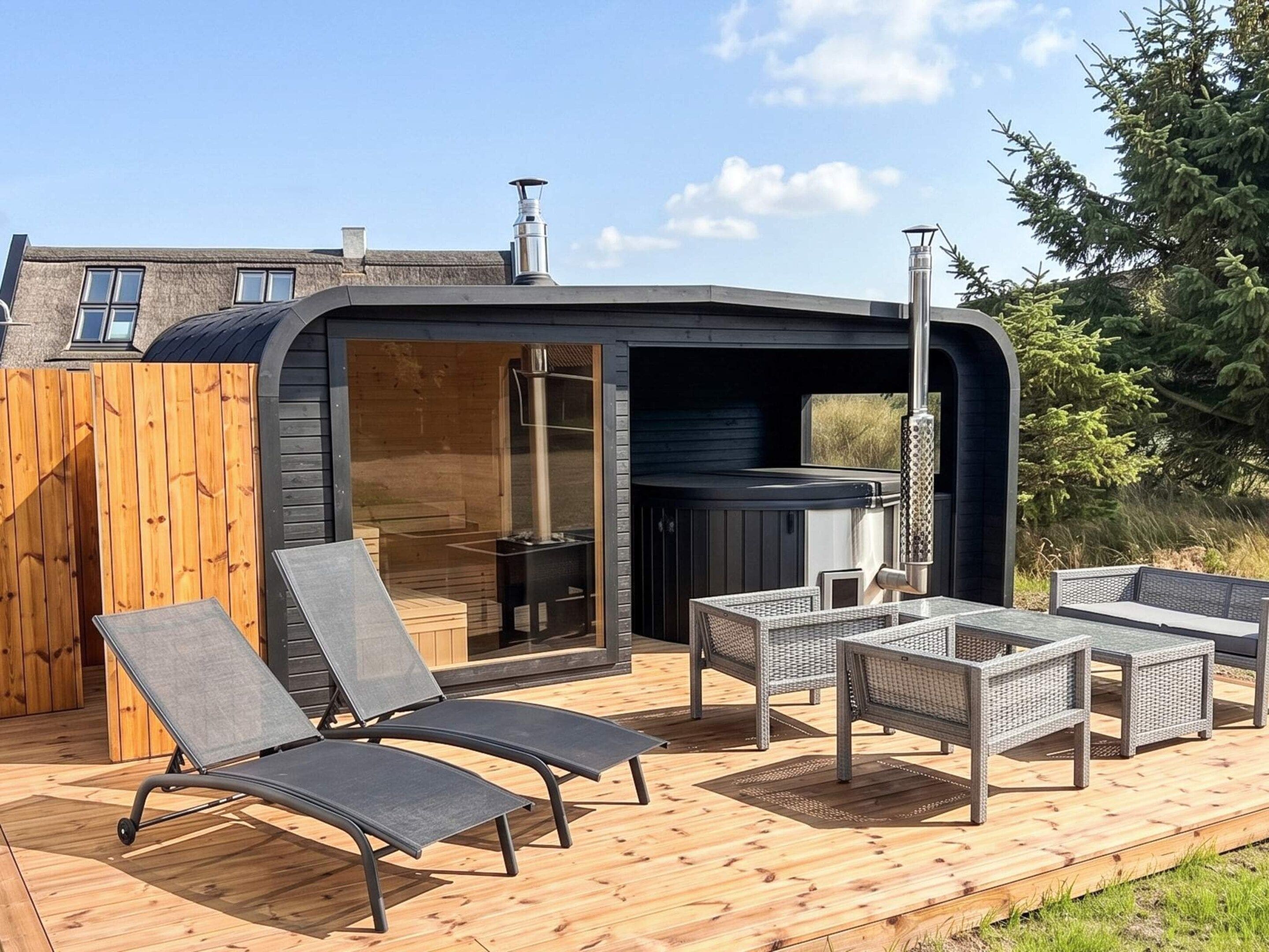 An outdoor hot tub area with lounge chairs and a table.