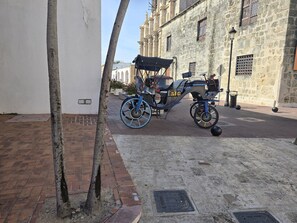 A traditional rickshaw parked on a cobblestone street with a historic building in the background. - HISTORIAL COLONIAL ZONE UNIT, LARGE TERRACE, VIEW OF THE CARIBBEAN SEA (Santo Domingo)