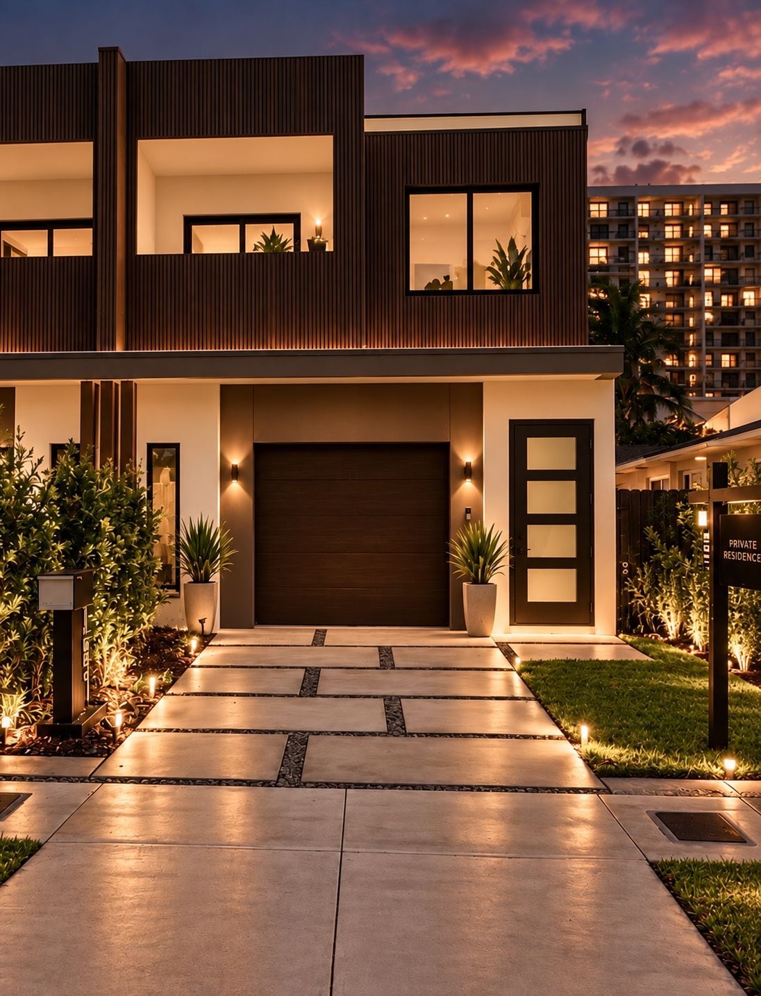 Una casa moderna de dos pisos con un amplio portón de garaje, plantas en macetas y un camino de entrada bien iluminado.