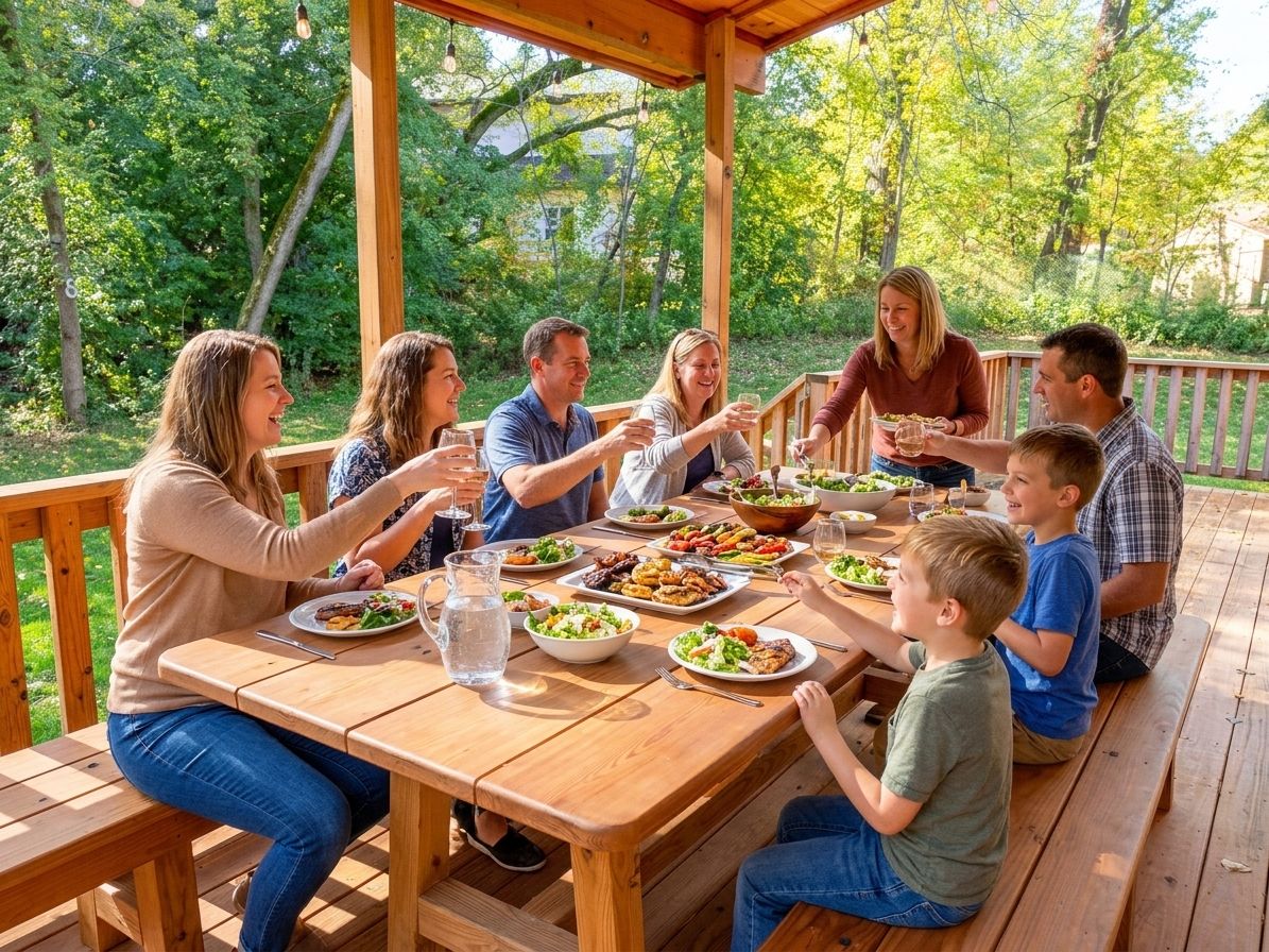 A group of people seated at a wooden table outdoors, enjoying a meal with various dishes and drinks.